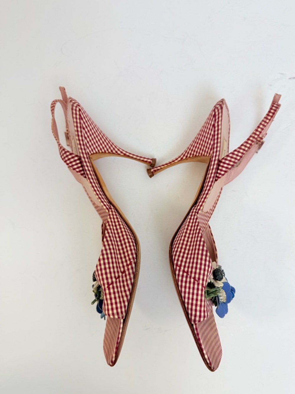 Prada Vintage 2000s Gingham Floral Appliqué Slingback Heels 37.5 Red Kitten Heel - Picture 5 of 10